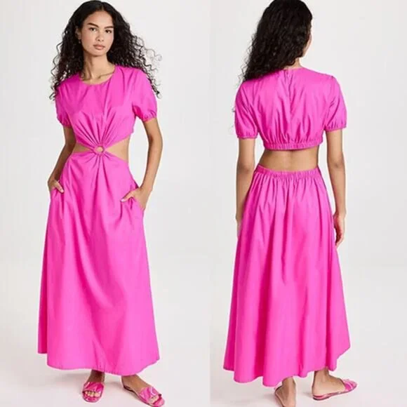 NWT Staud Calypso Cut-Out A-Line Puff Sleeve Zip Maxi Dress Bougainvillea Pink